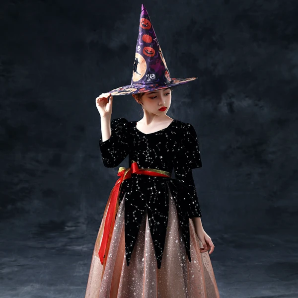 Vintage / Retro Halloween Cosplay Black Brown Flower Girl Dresses 2020 Ball Gown Scoop Neck Puffy 3/4 Sleeve Sash Glitter Star Floor-Length / Long