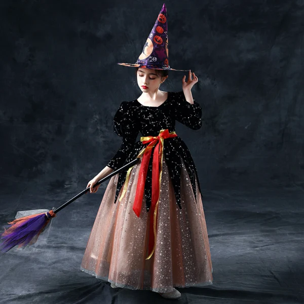 Vintage / Retro Halloween Cosplay Black Brown Flower Girl Dresses 2020 Ball Gown Scoop Neck Puffy 3/4 Sleeve Sash Glitter Star Floor-Length / Long
