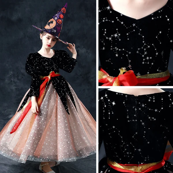 Vintage / Retro Halloween Cosplay Black Brown Flower Girl Dresses 2020 Ball Gown Scoop Neck Puffy 3/4 Sleeve Sash Glitter Star Floor-Length / Long