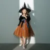 Vintage / Retro Halloween Cosplay Black Orange Flower Girl Dresses 2020 Ball Gown Square Neckline Puffy 3/4 Sleeve Sash Glitter Tulle Knee-Length Ruffle