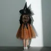 Vintage / Retro Halloween Cosplay Black Orange Flower Girl Dresses 2020 Ball Gown Square Neckline Puffy 3/4 Sleeve Sash Glitter Tulle Knee-Length Ruffle