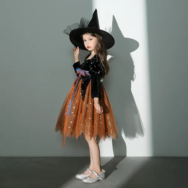 Vintage / Retro Halloween Cosplay Black Orange Flower Girl Dresses 2020 Ball Gown Square Neckline Puffy 3/4 Sleeve Sash Glitter Tulle Knee-Length Ruffle