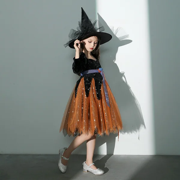Vintage / Retro Halloween Cosplay Black Orange Flower Girl Dresses 2020 Ball Gown Square Neckline Puffy 3/4 Sleeve Sash Glitter Tulle Knee-Length Ruffle
