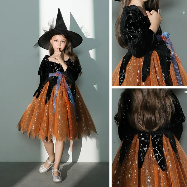 Vintage / Retro Halloween Cosplay Black Orange Flower Girl Dresses 2020 Ball Gown Square Neckline Puffy 3/4 Sleeve Sash Glitter Tulle Knee-Length