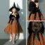 Vintage / Retro Halloween Cosplay Black Orange Flower Girl Dresses 2020 Ball Gown Square Neckline Puffy 3/4 Sleeve Sash Glitter Tulle Knee-Length Ruffle