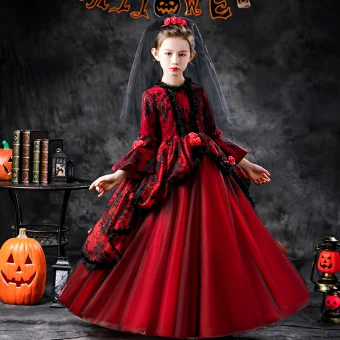 Halloween Cosplay Rouge Robe Ceremonie Fille 2020 Robe Boule Encolure Dégagée 3 4 Manches Manches De Cloche Appliques En Dentelle Fleur Longue Volants