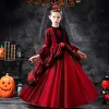 Halloween Cosplay Red Flower Girl Dresses 2020 Ball Gown Scoop Neck 3/4 Sleeve Bell sleeves Appliques Lace Flower Floor-Length / Long Ruffle