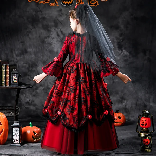 Halloween Cosplay Red Flower Girl Dresses 2020 Ball Gown Scoop Neck 3/4 Sleeve Bell sleeves Appliques Lace Flower Floor-Length / Long Ruffle