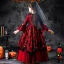 Halloween Cosplay Red Flower Girl Dresses 2020 Ball Gown Scoop Neck 3/4 Sleeve Bell sleeves Appliques Lace Flower Floor-Length / Long Ruffle