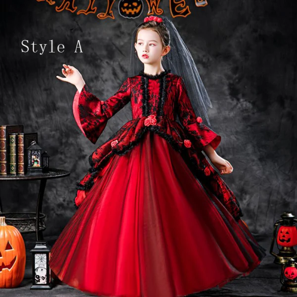 Halloween Cosplay Red Flower Girl Dresses 2020 Ball Gown Scoop Neck 3/4 Sleeve Bell sleeves Appliques Lace Flower Floor-Length / Long Ruffle