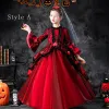 Halloween Cosplay Red Flower Girl Dresses 2020 Ball Gown Scoop Neck 3/4 Sleeve Bell sleeves Appliques Lace Flower Floor-Length / Long Ruffle
