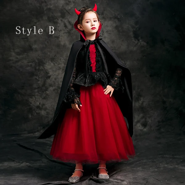 Halloween Cosplay Red Flower Girl Dresses 2020 Ball Gown Scoop Neck 3/4 Sleeve Bell sleeves Appliques Lace Flower Floor-Length / Long Ruffle
