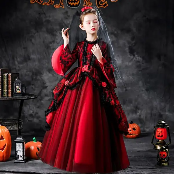Halloween Cosplay Red Flower Girl Dresses 2020 Ball Gown Scoop Neck 3/4 Sleeve Bell sleeves Appliques Lace Flower Floor-Length / Long Ruffle