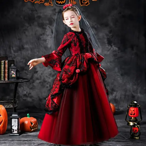 Halloween Cosplay Red Flower Girl Dresses 2020 Ball Gown Scoop Neck 3/4 Sleeve Bell sleeves Appliques Lace Flower Floor-Length / Long Ruffle