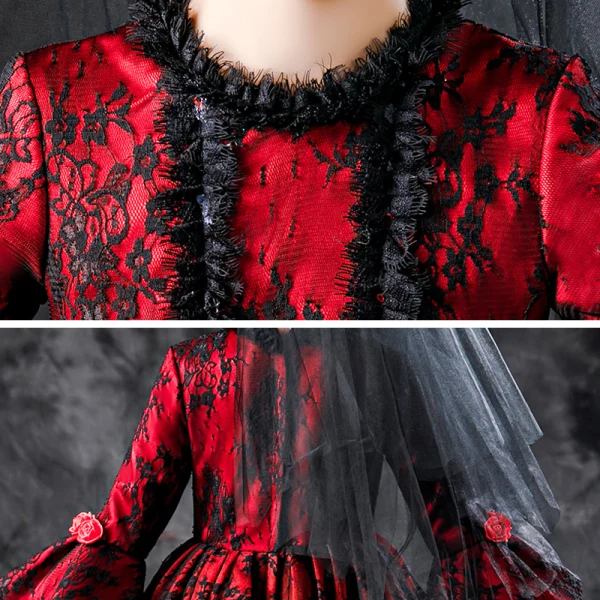Halloween Cosplay Red Flower Girl Dresses 2020 Ball Gown Scoop Neck 3/4 Sleeve Bell sleeves Appliques Lace Flower Floor-Length / Long Ruffle