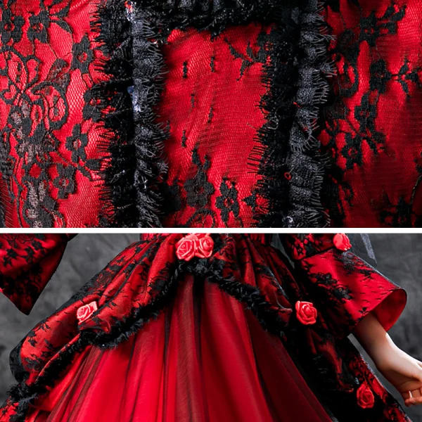 Halloween Cosplay Red Flower Girl Dresses 2020 Ball Gown Scoop Neck 3/4 Sleeve Bell sleeves Appliques Lace Flower Floor-Length / Long Ruffle