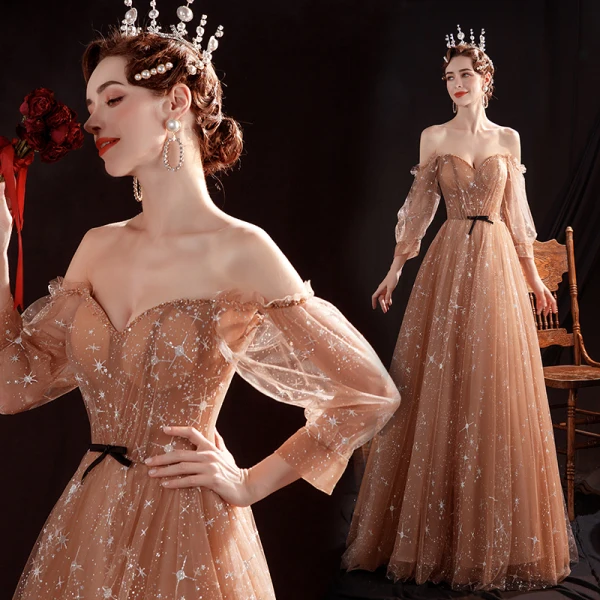 Étoile Marron Robe De Bal 2020 Princesse De l'épaule Gonflée Manches Longues Longue Volants Dos Nu Robe De Ceremonie