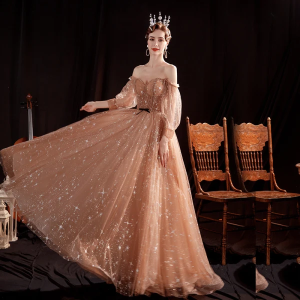 Étoile Marron Robe De Bal 2020 Princesse De l'épaule Gonflée Manches Longues Longue Volants Dos Nu Robe De Ceremonie