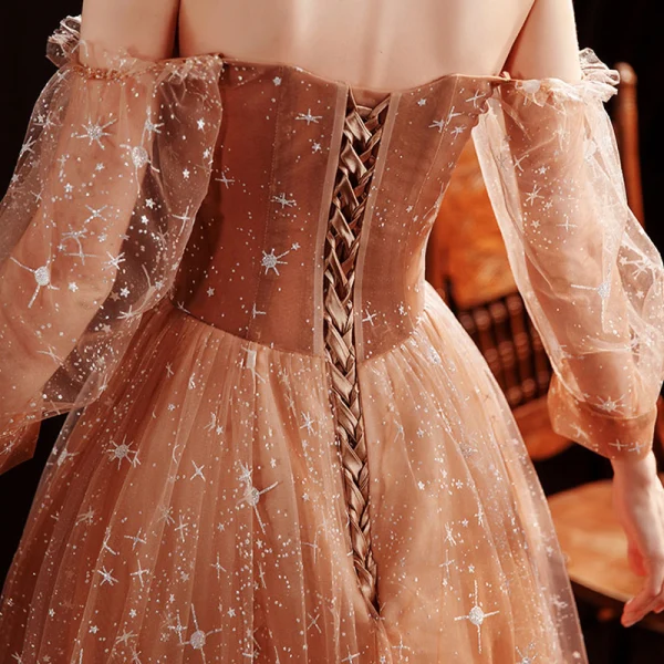 h&m dress brown Brown Long Prom Dresses, A line Off Shoulder Brown Formal Graduation D –  dresstby main image 0