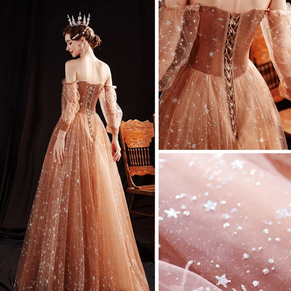 Étoile Marron Robe De Bal 2020 Princesse De l'épaule Gonflée Manches Longues Longue Volants Dos Nu Robe De Ceremonie