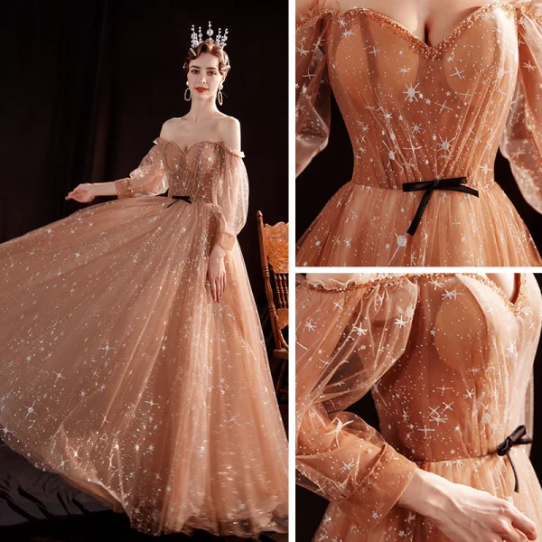 Étoile Marron Robe De Bal 2020 Princesse De l'épaule Gonflée Manches Longues Longue Volants Dos Nu Robe De Ceremonie