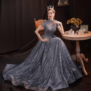Vintage Retro Grey Dancing Prom Dresses 2020 A Line Princess High Neck Short Sleeve Beading Pearl Glitter Tulle Floor Length Long Ruffle Backless Formal Dresses
