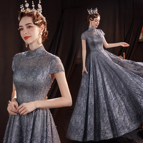 Vintage / Retro Grey Dancing Prom Dresses 2020 A-Line / Princess High Neck Short Sleeve Beading Pearl Glitter Tulle Floor-Length / Long Ruffle Backless Formal Dresses