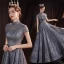 Vintage / Retro Grey Dancing Prom Dresses 2020 A-Line / Princess High Neck Short Sleeve Beading Pearl Glitter Tulle Floor-Length / Long Ruffle Backless Formal Dresses