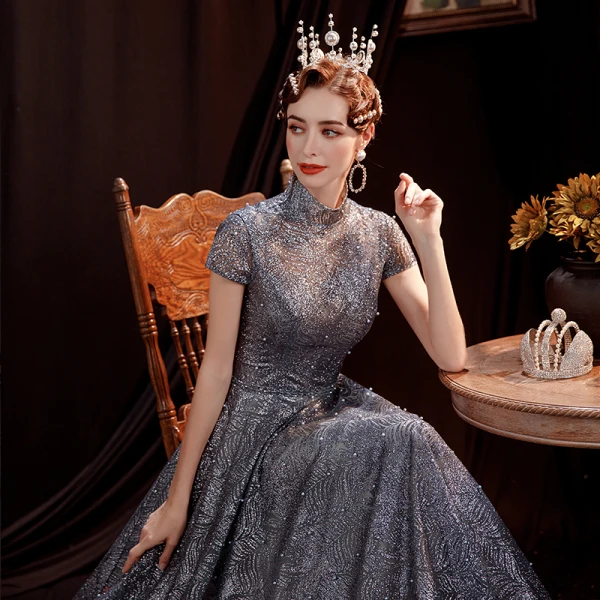 Vintage / Retro Grey Dancing Prom Dresses 2020 A-Line / Princess High Neck Short Sleeve Beading Pearl Glitter Tulle Floor-Length / Long Ruffle Backless Formal Dresses
