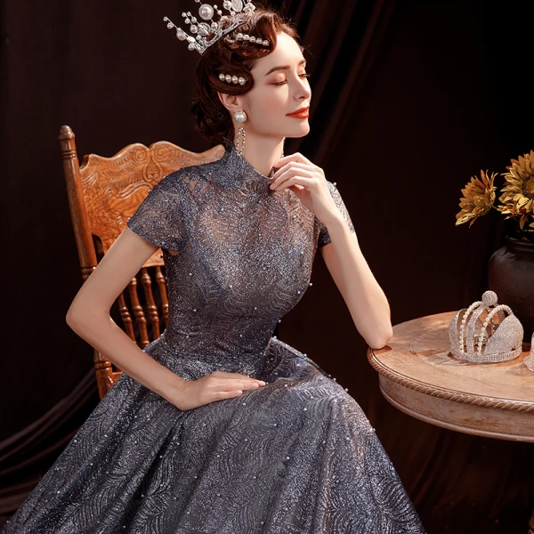 Vintage / Retro Grey Dancing Prom Dresses 2020 A-Line / Princess High Neck Short Sleeve Beading Pearl Glitter Tulle Floor-Length / Long Ruffle Backless Formal Dresses