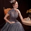 Vintage / Retro Grey Dancing Prom Dresses 2020 A-Line / Princess High Neck Short Sleeve Beading Pearl Glitter Tulle Floor-Length / Long Ruffle Backless Formal Dresses
