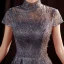 Vintage / Retro Grey Dancing Prom Dresses 2020 A-Line / Princess High Neck Short Sleeve Beading Pearl Glitter Tulle Floor-Length / Long Ruffle Backless Formal Dresses
