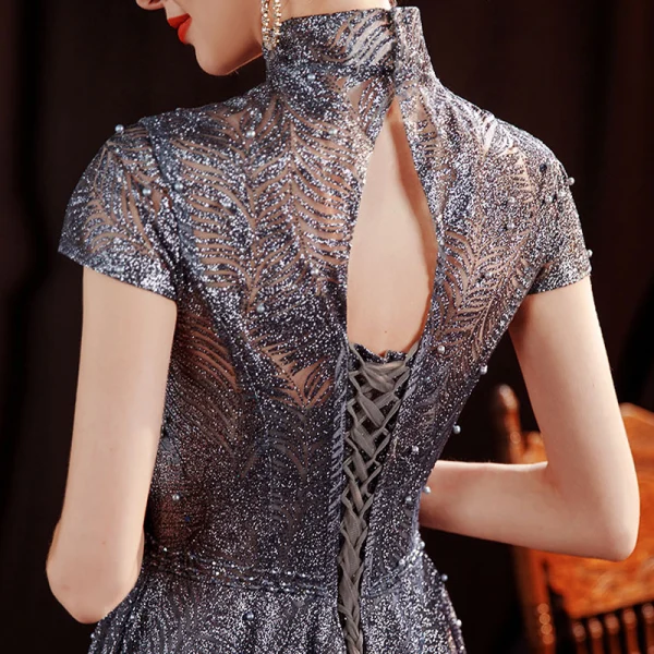 Vintage / Retro Grey Dancing Prom Dresses 2020 A-Line / Princess High Neck Short Sleeve Beading Pearl Glitter Tulle Floor-Length / Long Ruffle Backless Formal Dresses