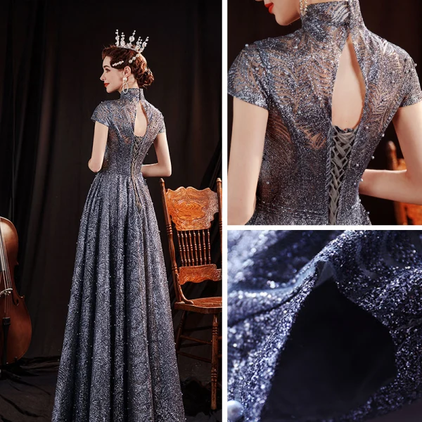 Vintage / Retro Grey Dancing Prom Dresses 2020 A-Line / Princess High Neck Short Sleeve Beading Pearl Glitter Tulle Floor-Length / Long Ruffle Backless Formal Dresses