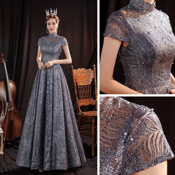 Vintage / Retro Grey Dancing Prom Dresses 2020 A-Line / Princess High Neck Short Sleeve Beading Pearl Glitter Tulle Floor-Length / Long Ruffle Backless Formal Dresses