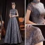 Vintage / Retro Grey Dancing Prom Dresses 2020 A-Line / Princess High Neck Short Sleeve Beading Pearl Glitter Tulle Floor-Length / Long Ruffle Backless Formal Dresses