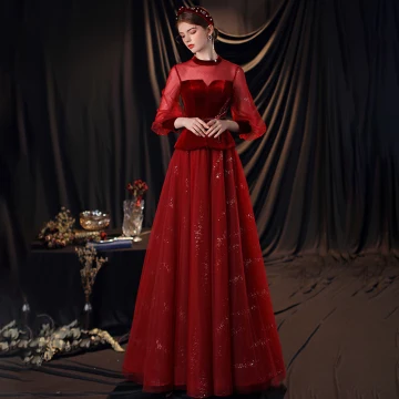 Style Victorien Bordeaux Dansant Robe De Bal 2020 Princesse Transparentes Col Haut Gonflée Manches Longues Noeud Ceinture Perlage Paillettes Longue Volants Dos Nu Robe De Ceremonie