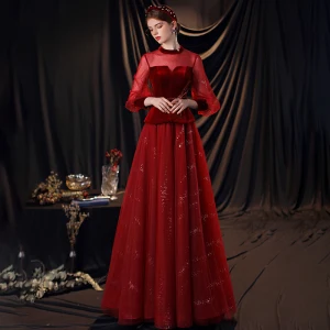 Victorian Style Burgundy Dancing Prom Dresses 2020 A Line Princess See Through High Neck Puffy Long Sleeve Bow Sash Beading Sequins Floor Length Long Ruffle Backless Formal Dresses