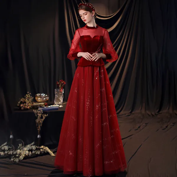 Victorian Style Burgundy Dancing Prom Dresses 2020 A-Line / Princess See-through High Neck Puffy Long Sleeve Bow Sash Beading Sequins Floor-Length / Long Ruffle Backless Formal Dresses