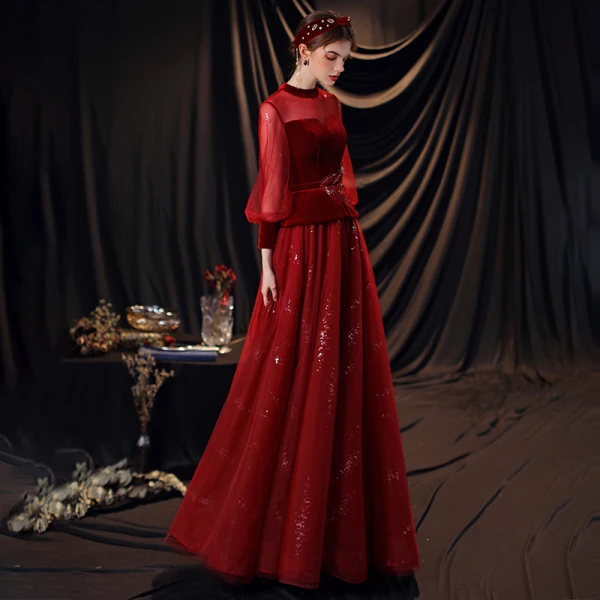 Style Victorien Bordeaux Dansant Robe De Bal 2020 Princesse Transparentes Col Haut Gonflée Manches Longues Noeud Ceinture Perlage Paillettes Longue Volants Dos Nu Robe De Ceremonie