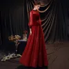 Victorian Style Burgundy Dancing Prom Dresses 2020 A-Line / Princess See-through High Neck Puffy Long Sleeve Bow Sash Beading Sequins Floor-Length / Long Ruffle Backless Formal Dresses