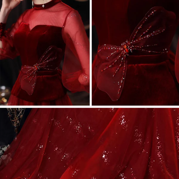 Style Victorien Bordeaux Dansant Robe De Bal 2020 Princesse Transparentes Col Haut Gonflée Manches Longues Noeud Ceinture Perlage Paillettes Longue Volants Dos Nu Robe De Ceremonie