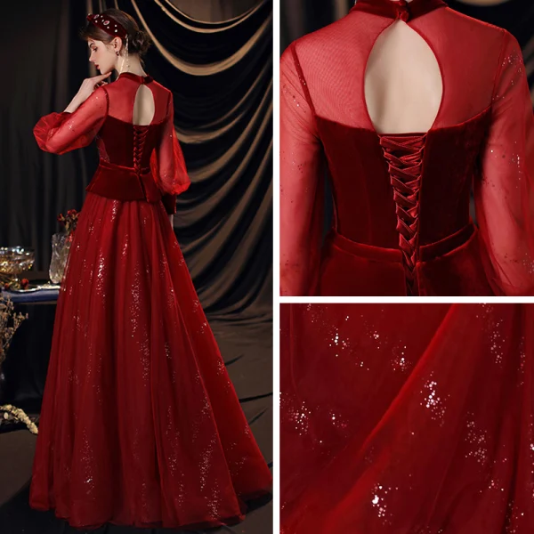Style Victorien Bordeaux Dansant Robe De Bal 2020 Princesse Transparentes Col Haut Gonflée Manches Longues Noeud Ceinture Perlage Paillettes Longue Volants Dos Nu Robe De Ceremonie