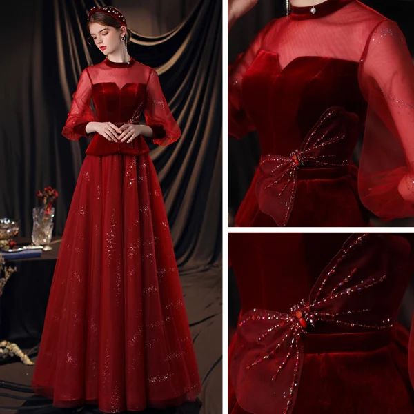 Style Victorien Bordeaux Dansant Robe De Bal 2020 Princesse Transparentes Col Haut Gonflée Manches Longues Noeud Ceinture Perlage Paillettes Longue Volants Dos Nu Robe De Ceremonie