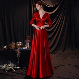 Vintage Originale Bordeaux Satin Robe De Bal 2020 Empire Col V Profond 3 4 Manches Longue Volants Dos Nu Robe De Ceremonie