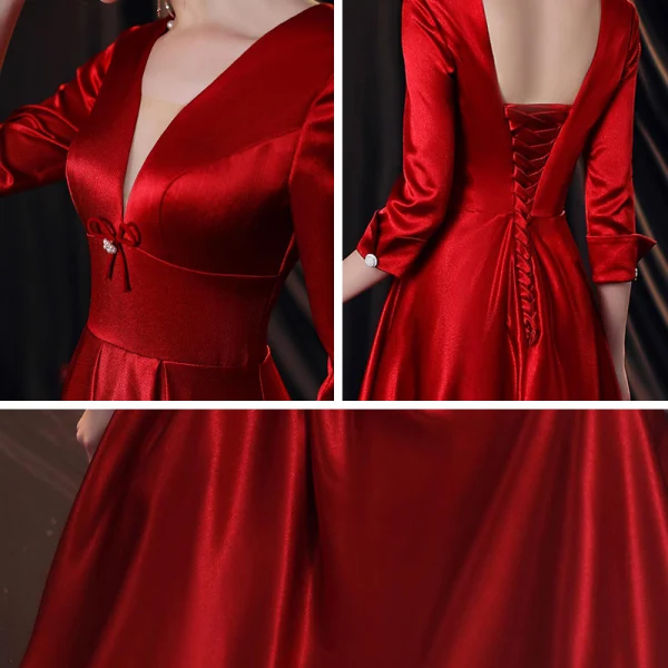 Vintage / Retro Burgundy Satin Prom Dresses 2020 Empire Deep V-Neck 3/4 Sleeve Floor-Length / Long Ruffle Backless Formal Dresses