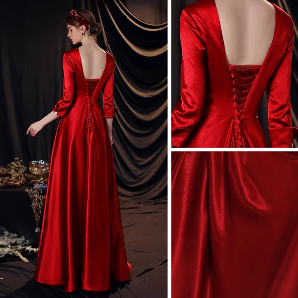 Vintage / Retro Burgundy Satin Prom Dresses 2020 Empire Deep V-Neck 3/4 Sleeve Floor-Length / Long Ruffle Backless Formal Dresses