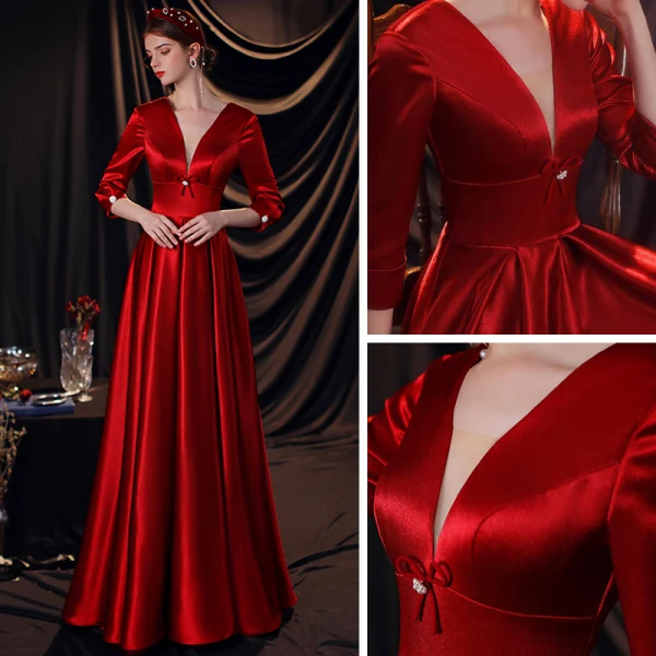 Vintage / Retro Burgundy Satin Prom Dresses 2020 Empire Deep V-Neck 3/4 Sleeve Floor-Length / Long Ruffle Backless Formal Dresses
