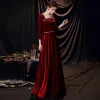 Vintage Burgund Welur Zima Sukienki Wieczorowe 2020 Otoczka / Nadające Kwadratowy Dekolt 3/4 Rękawy Frezowanie Cekiny Długie Wzburzyć Bez Pleców Sukienki Wizytowe
