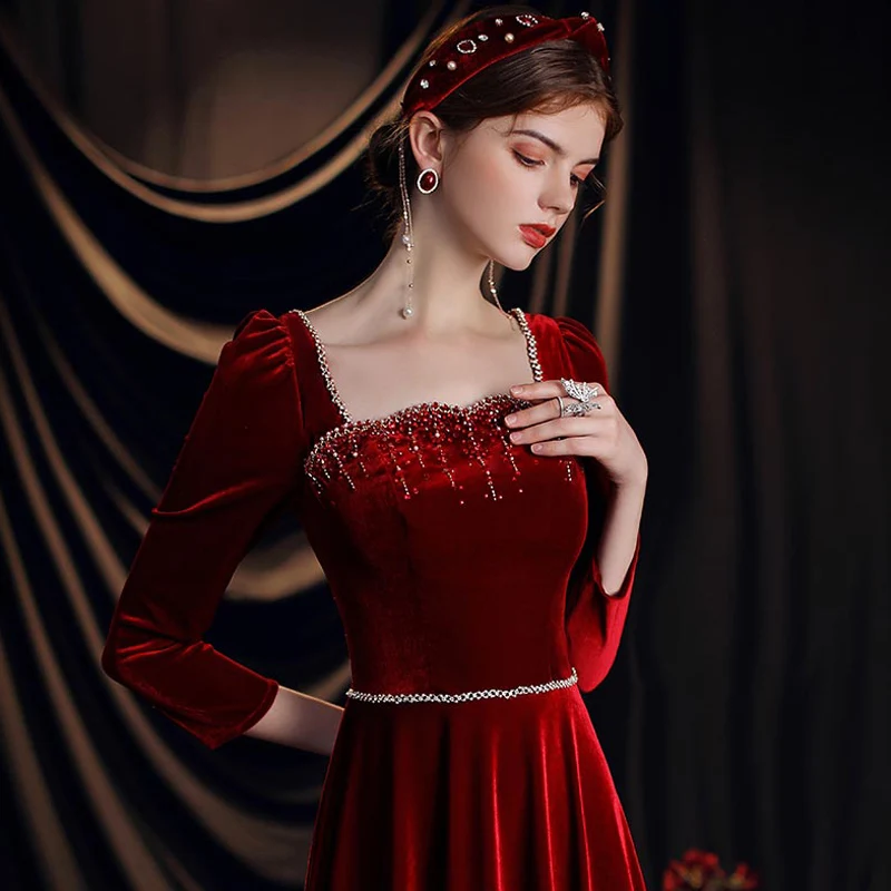 Vintage Retro Burgundy Velour Winter Evening Dresses 2020 Sheath Fit Square  Neckline 3 4 Sleeve Beading Sequins Floor Length Long Ruffle Backless Formal  Dresses